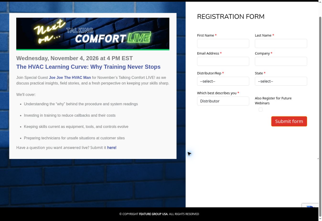 Example Talking Comfort LIVE registration page and form